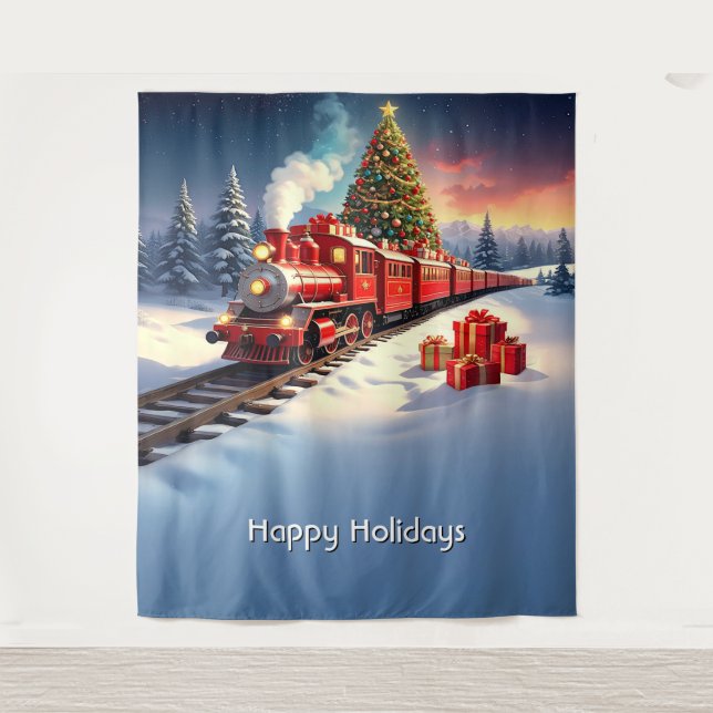 Tapiz Red Train Christmas Tree Holiday Backdrop (Anverso)