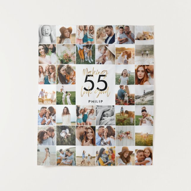 Tapiz regalo de cumpleaños con edad editable y varias fo (Anverso)