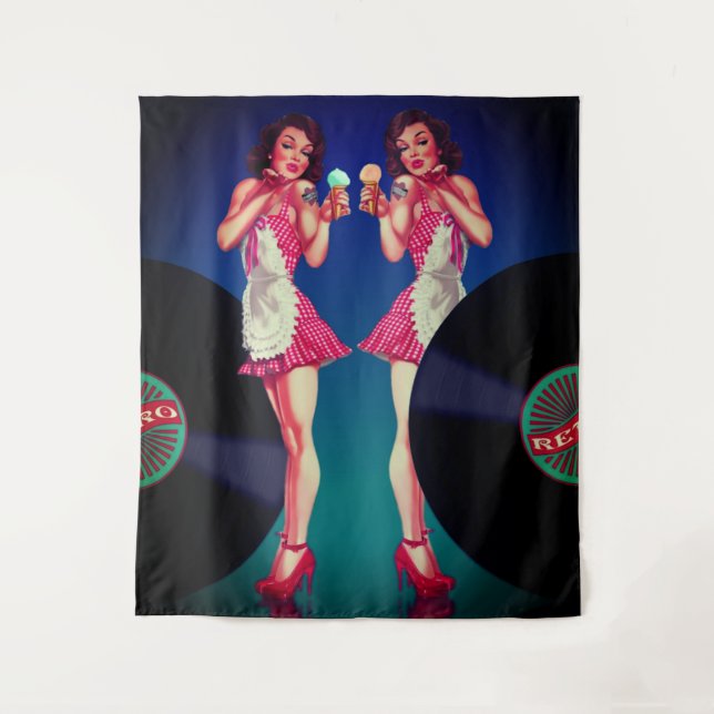 Tapiz Registros de Vinilo y Camarera Retro Pin Up (Anverso)