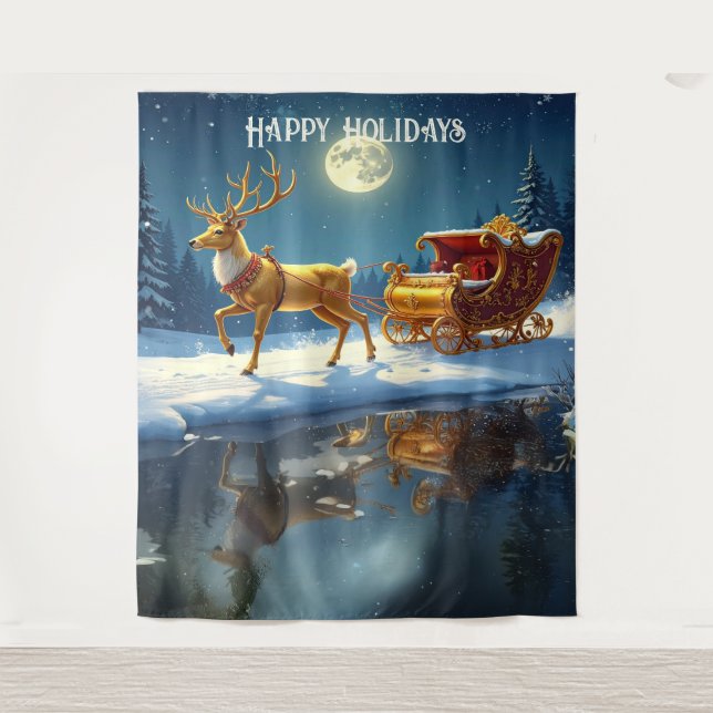 Tapiz Reindeer Christmas Sleigh Holiday Backdrop (Anverso)