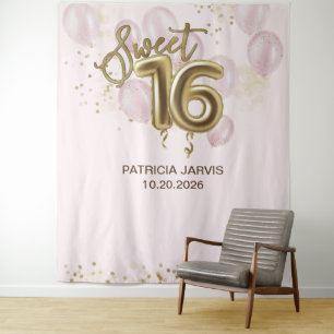 Tapiz Relieve metalizado dorado Dulce 16 Globos de Bday