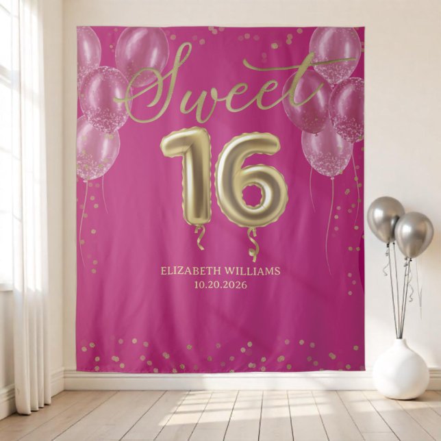 Tapiz Relieve metalizado dorado Dulce 16 Globos de Bday  (Subido por el creador)