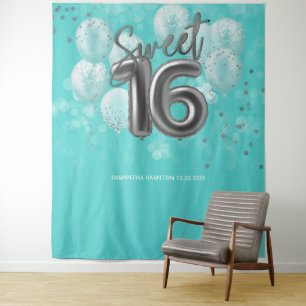 Tapiz Relieve metalizado plateado Sweet 16 Bday Balloons