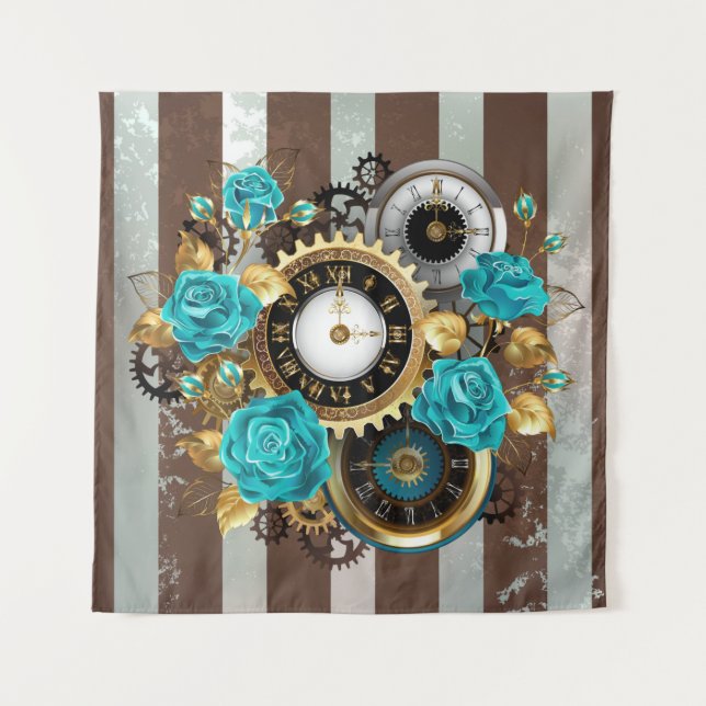 Tapiz Reloj de vapor y Rosas turquesa a rayas (Anverso (horizontal))