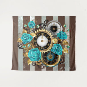 Tapiz Reloj de vapor y Rosas turquesa a rayas
