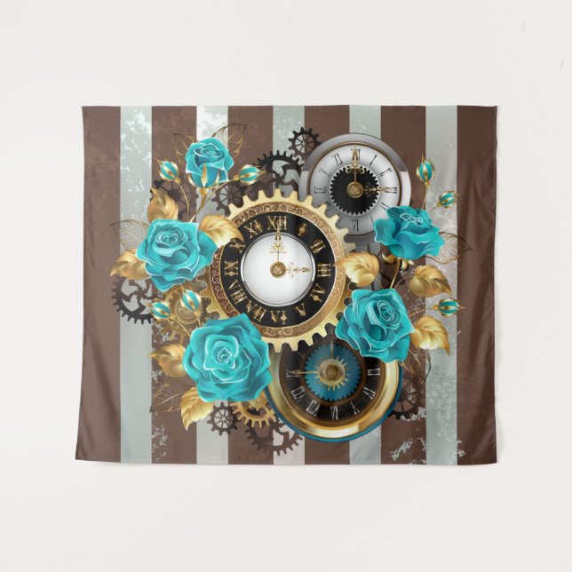 Tapiz Reloj de vapor y Rosas turquesa a rayas (Anverso (horizontal))