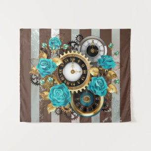 Tapiz Reloj de vapor y Rosas turquesa a rayas