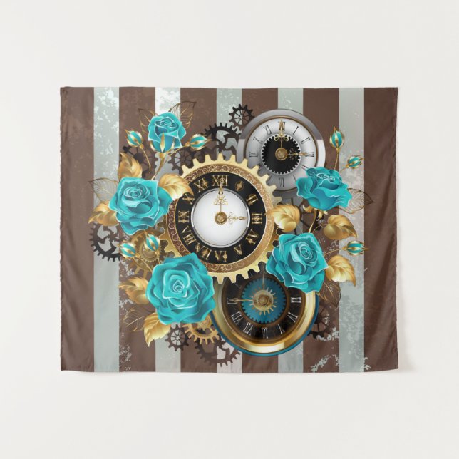Tapiz Reloj de vapor y Rosas turquesa a rayas (Anverso (horizontal))