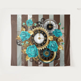 Tapiz Reloj Steampunk y rosas turquesas a rayas