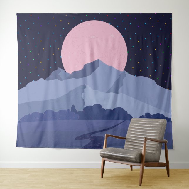 Tapiz Resumen del paisaje nocturno de luna rosa (In situ (horizontal))