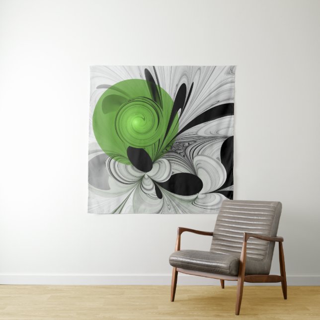 Tapiz Resumen en blanco y negro con arte fractal verde (In situ (horizontal))