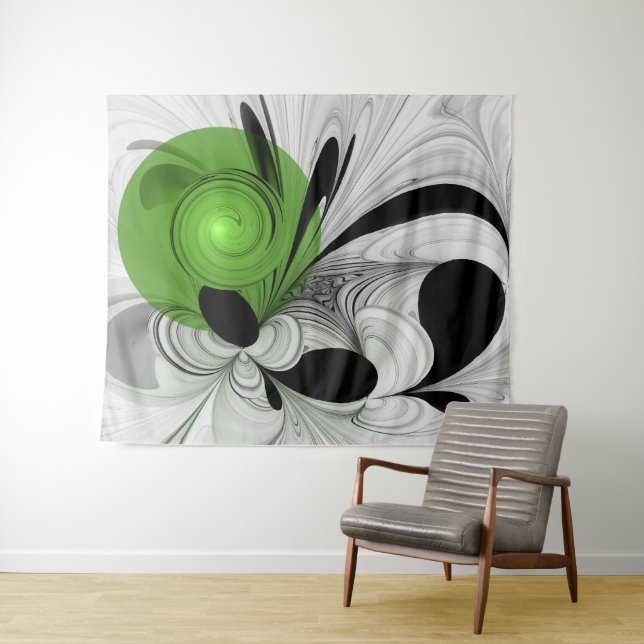 Tapiz Resumen en blanco y negro con arte fractal verde (In situ (horizontal))