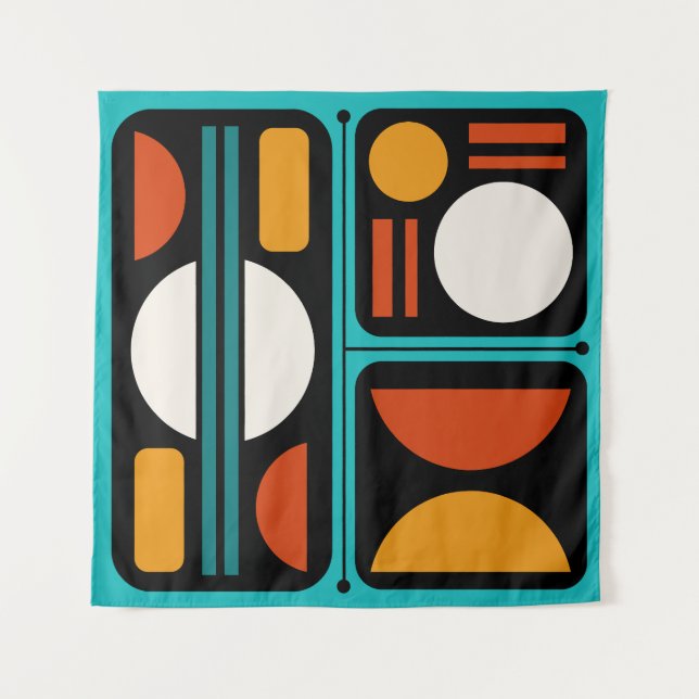 Tapiz Resumen geométrico Naranja turquesa de arte retro (Anverso)