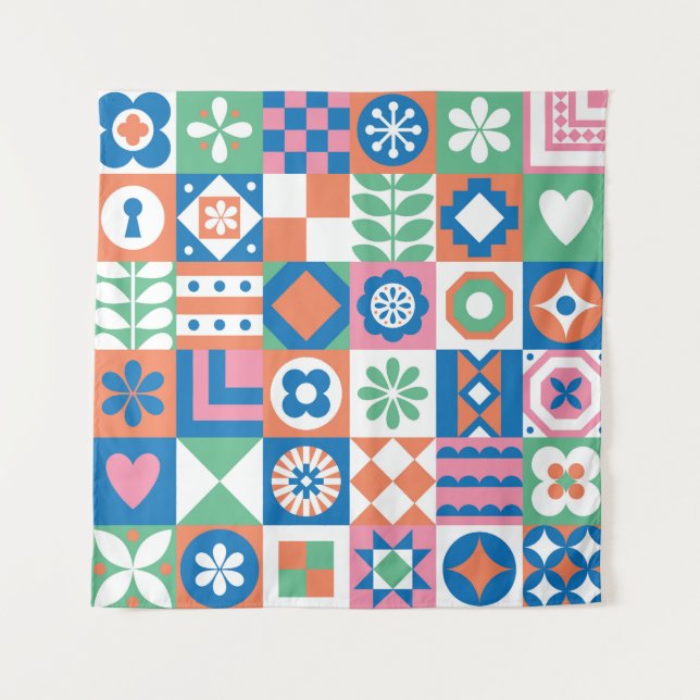 Tapiz Resumen Patrón folclórico escandinavo floral (Anverso)