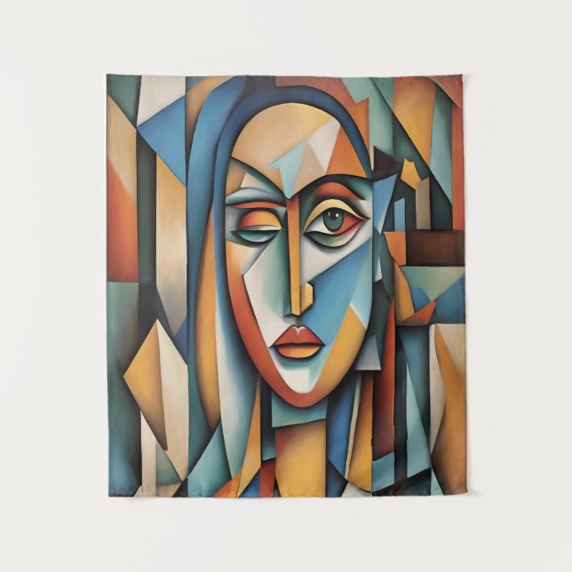Tapiz Retrato Cubista Vibrante Resumen Arte Geométrico (Anverso)