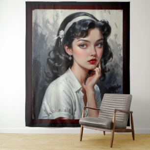 Tapiz Retrato de joven reflexiva inspirado en la retro
