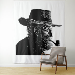 Tapiz Retrato de punto y línea: anciano sabio fumando en