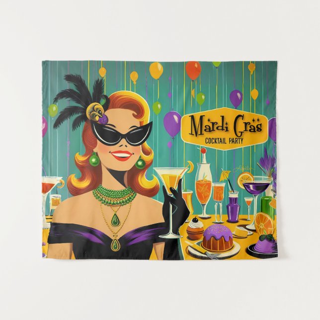 Tapiz Retro 50s Mardi Gras Cocktail Party (Anverso (horizontal))
