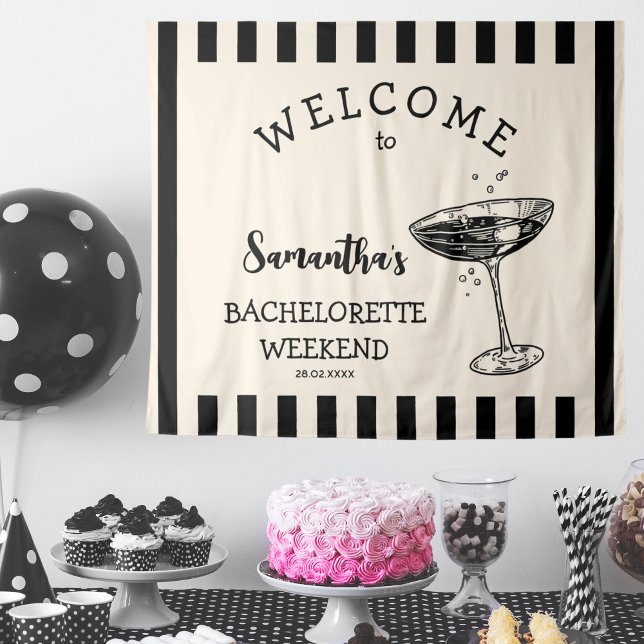 Tapiz Retro Bachelorette Party Backdrop Coctail (Retro Stripes Bachelorette Party Backdrop Cocktail Tapestry
black and white)