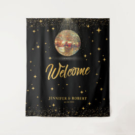 Tapiz Retro Black Gold Glitter Disco Wedding Welcome