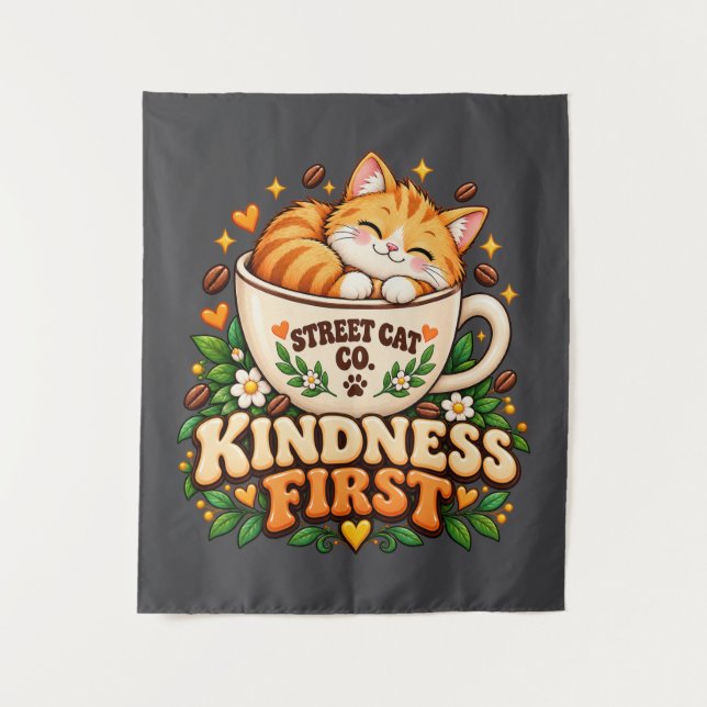 Tapiz Retro Cute Cat Kindness First para Pared (Anverso)
