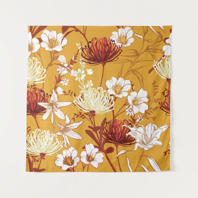 Tapiz Retro Floreciente: Arte De Línea Floral Inconcluso (Anverso)