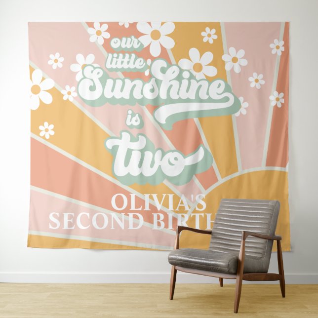 Tapiz Retro Nuestro Pequeño Sunshine Daisy Birthday Bann (In situ (horizontal))