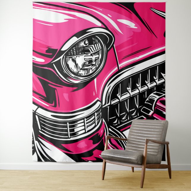 Tapiz Retro Pink Classic Car Front Pop Art Illustration (In situ)