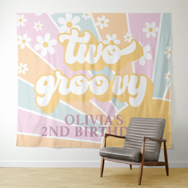 Tapiz Retro Sunshine Dos Groovy Cumpleaños Pastel Daisy  (In situ (horizontal))