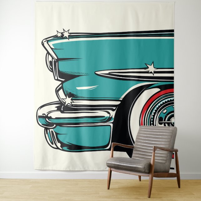 Tapiz Retro Teal Sports Car Front Pop Art Illustration (In situ)