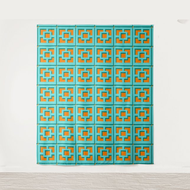 Tapiz Retro Turquoise and Orange Trellis Tapestry (Anverso)