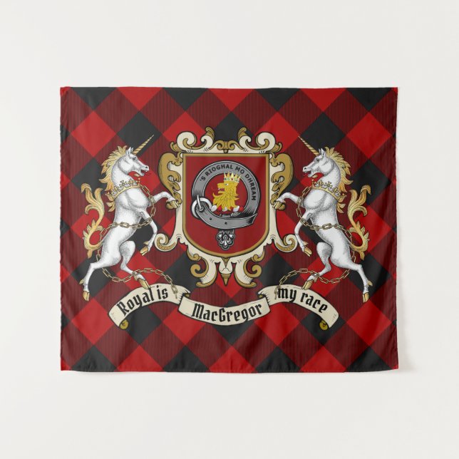Tapiz Rob Roy MacGregor Clan Badge & Unicorns con Tartán (Anverso (horizontal))