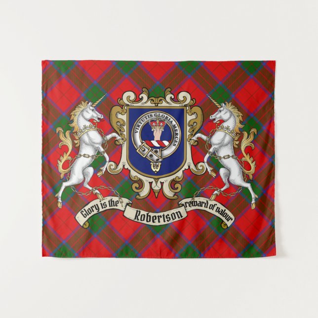 Tapiz Robertson Clan Badge & Unicorns w/Tartan  (Anverso (horizontal))