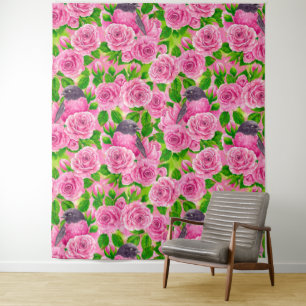 Tapiz Robin rosado y rosas