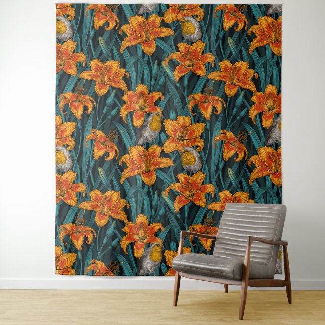 Tapiz Robins y flores de lirio, naranja y azul (In situ)