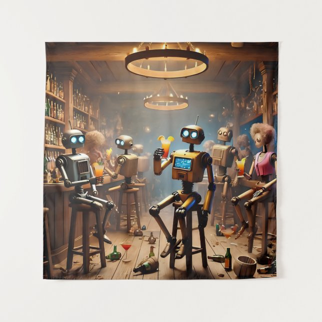Tapiz robots having fun in a bar (Anverso)
