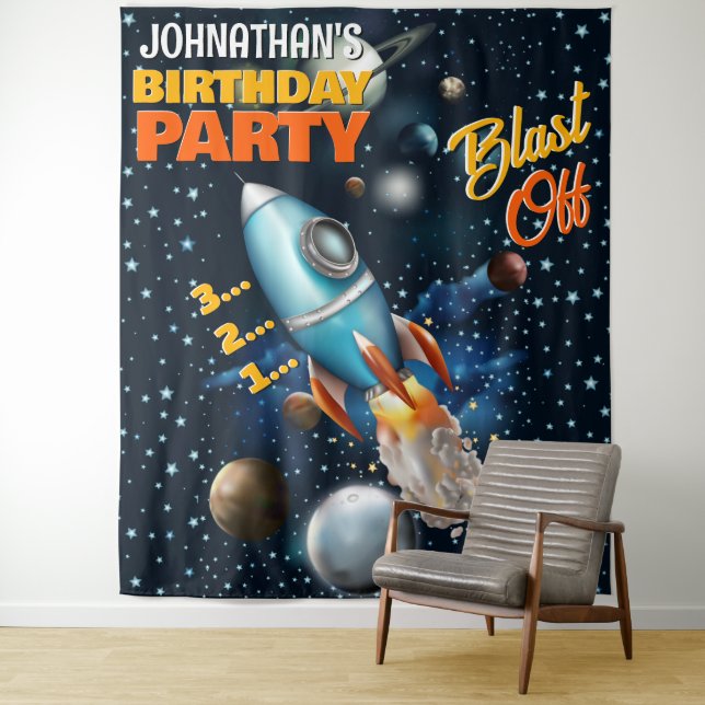 Tapiz Rocketship Space Adventure Kids Birday Backdrop (In situ)
