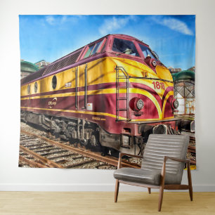 Tapiz rojo amarillo del tren de locomotora vintage