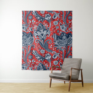 Tapiz Rojo Blanco y Azul Floral Paisley Boho Bohemio