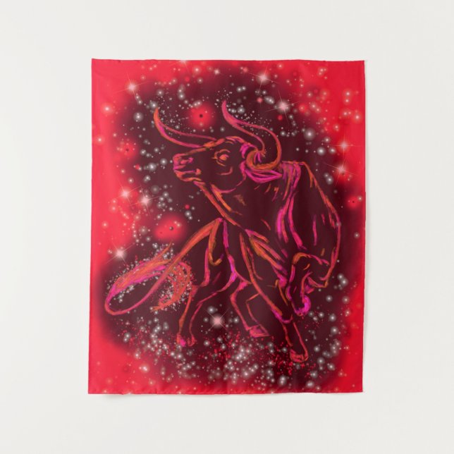 Tapiz rojo con toro corriendo en noche estrellada (Anverso)