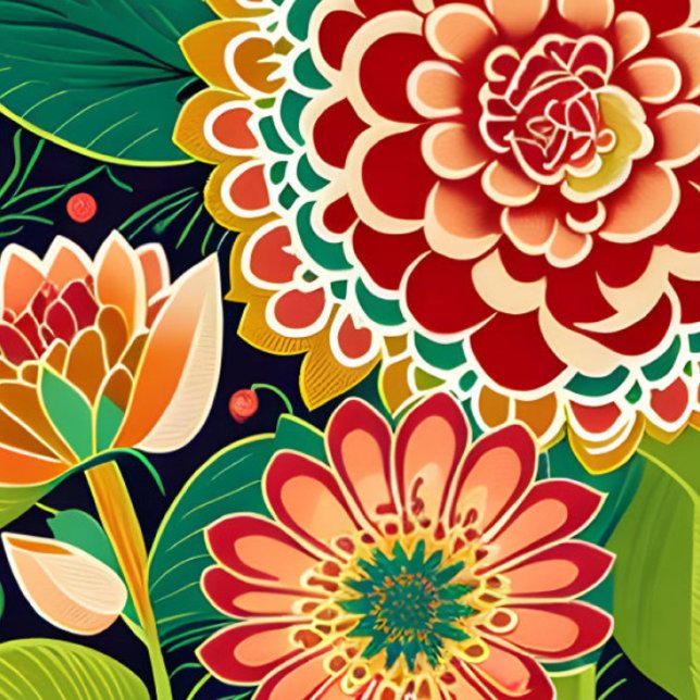 Tapiz Rojo retro, Naranja, floral verde, boho, hippie (Subido por el creador)