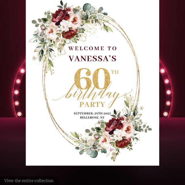 Tapiz Romantic Burgundy Gold Floral 60th Birthday Banner (Romantic Burgundy Gold Floral 60th Birthday Banner)