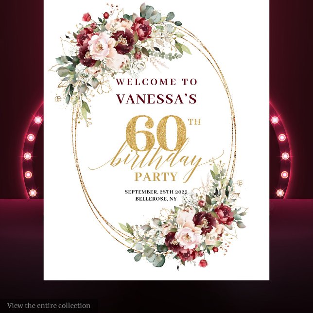 Tapiz Romantic Burgundy Gold Greenery 60th Birthday Prop (Romantic Burgundy Gold Greenery 60th Birthday Backdrop)