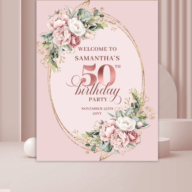 Tapiz Romantic Rose Gold Greenery 50th Birthday Banner (Romantic Rose Gold Greenery 50th Birthday Banner)