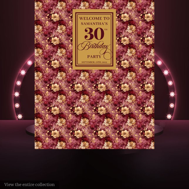 Tapiz Romántico banner de cumpleaños 30 Rubor Gold de Bo (Romantic Burgundy Blush Gold 30th Birthday Banner Tapestry)