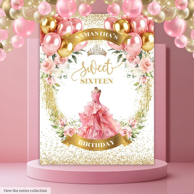 Tapiz Romántico dulce Dieciséis Banners Rubor Vress Gold (Romantic Sweet Sixteen Banner Blush Dress Gold Tapestry)