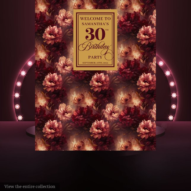 Tapiz Romántico Rubor Burgundy Gold Banner de 30 cumplea (Romantic Blush Burgundy Gold 30th Birthday Banner)