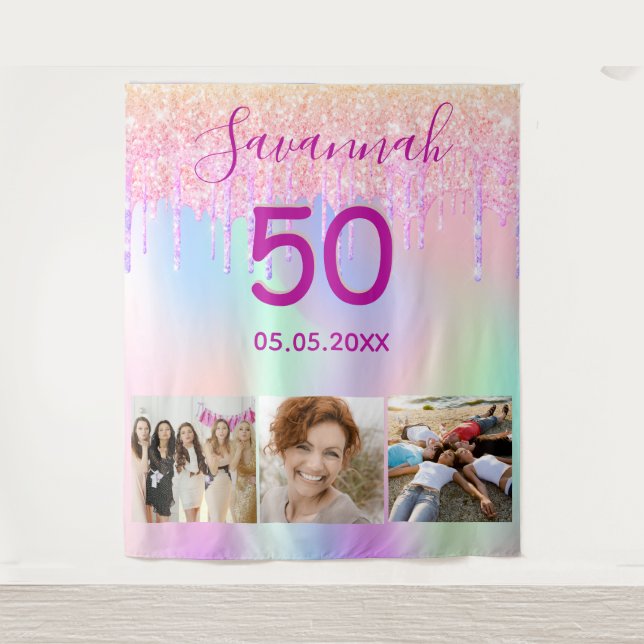 Tapiz Rosa de fiesta de cumpleaños purpurina rosa goteo  (Anverso)