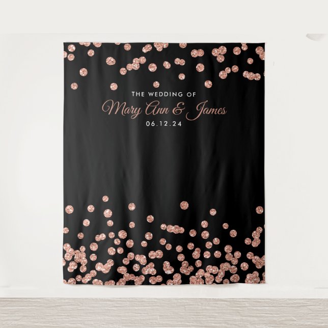 Tapiz Rosa de fondo boda Purpurina negro oro Confetti (Anverso)