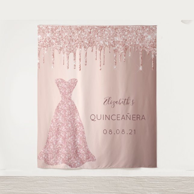 Tapiz Rosa dorado gotea vestido rosa Quinceanera (Anverso)